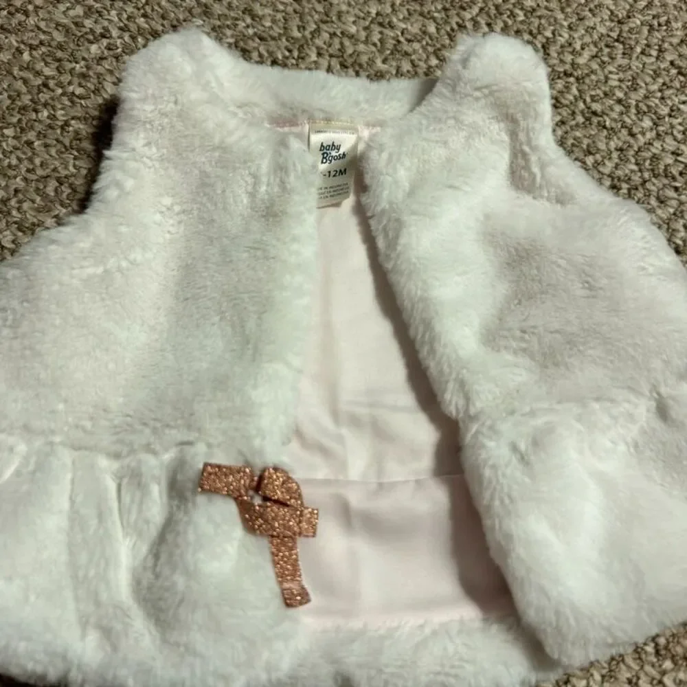 Baby B'gosh Faux Fur Vest Ivory Sparkle Bow Peplum Girls 9-12 Months
